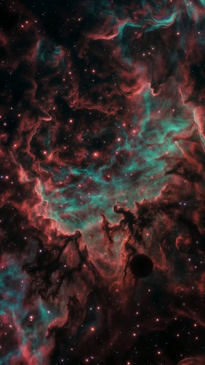 Swirling cosmic nebula with deep crimson and teal gas clouds