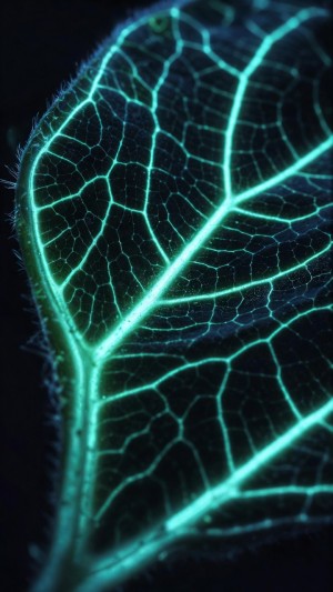 Detailed bioluminescent leaf structure with glowing veins