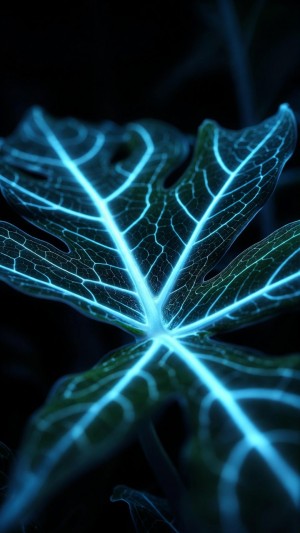 Bioluminescent leaf veins glowing with electric blue light